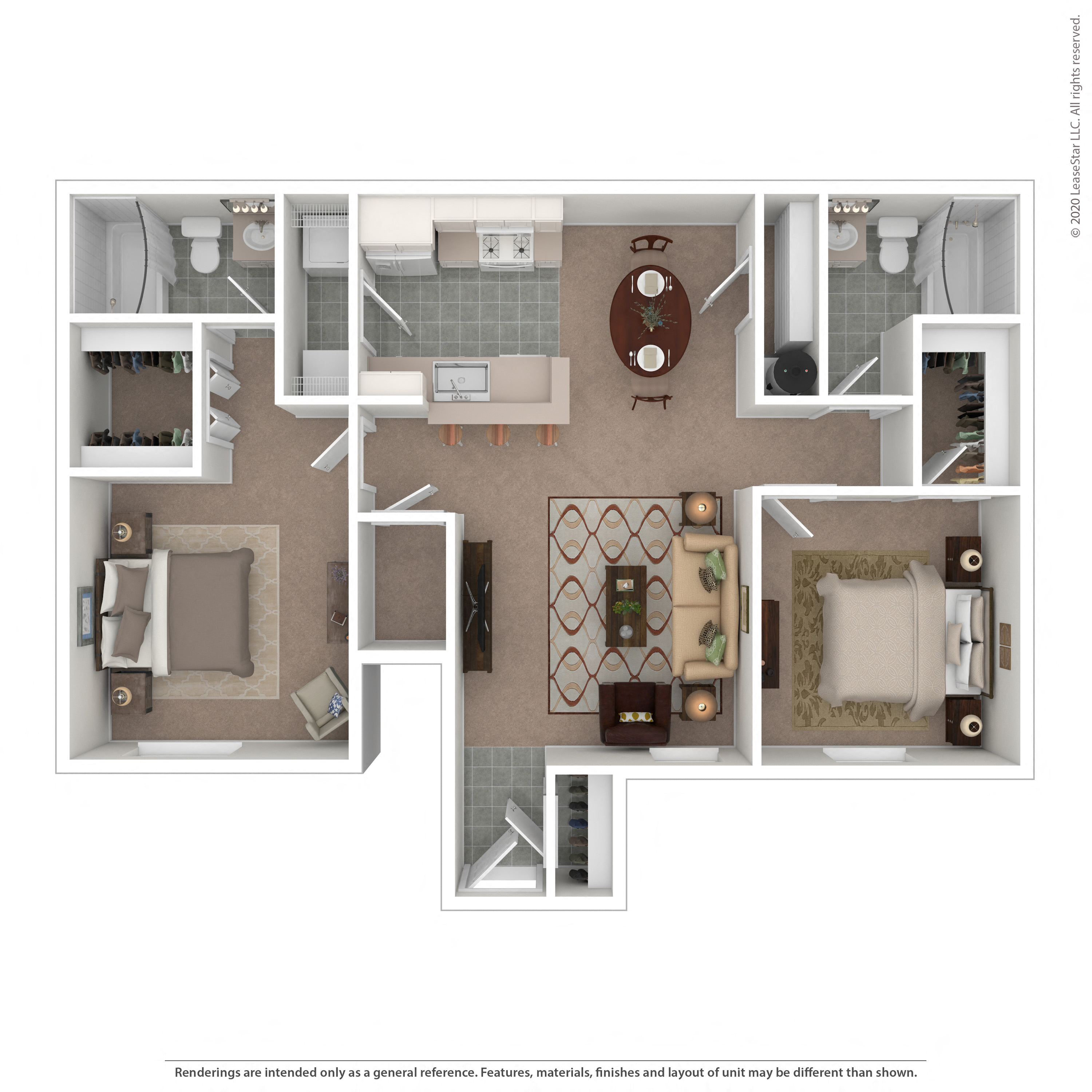 Floor plan for 2 beds, 2 baths, 1049 sqft